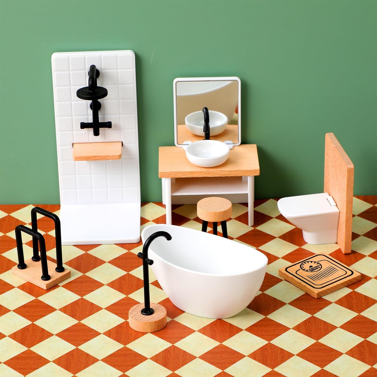 BESTonZON 8pcs Dollhouse Miniature Bathroom Set 1 12 Scale Bathroom Accessories Wood Bathroom Cabinet with Sink Dollhouse Toilet Bathtub Miniature