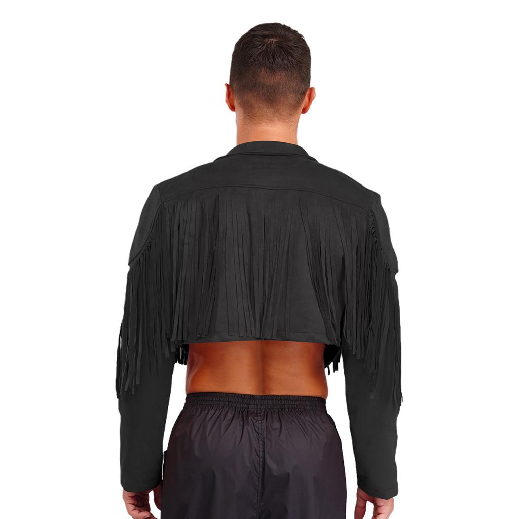 Herren Fransen Wildlederimitat Jacke Cropped Design Reverskragen Langarm Offene Vorderseite Strickjacke 80er Hippie Cowboy Stil