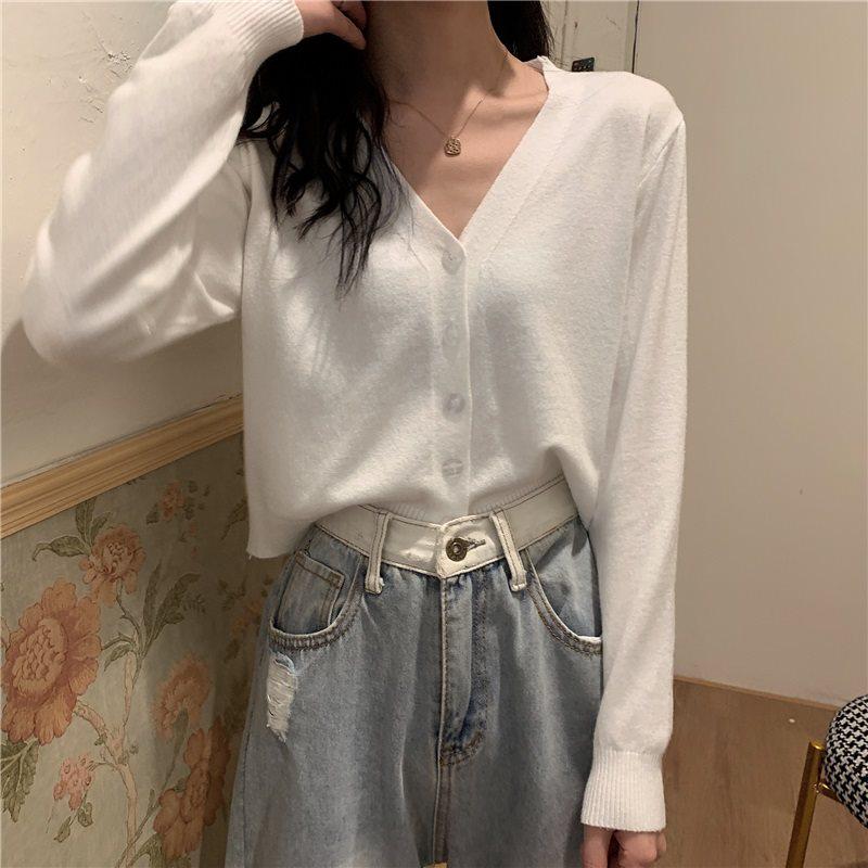 

Женский кардиган свободного кроя с V-образным вырезом - Корейский стиль Весенне-осенний свитер Короткое пальто белый