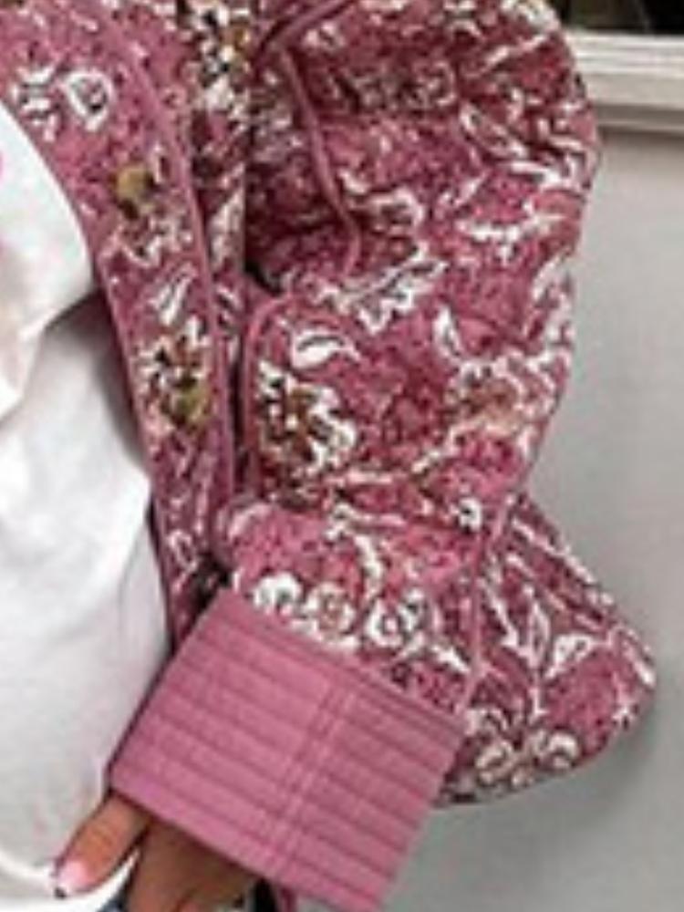 Fall Winter Fashion Female Casual Outerwear Vintage Korean Long Sleeve Jacket Floral Print Thickened Cotton Coat Quilted Stand Collar Loose