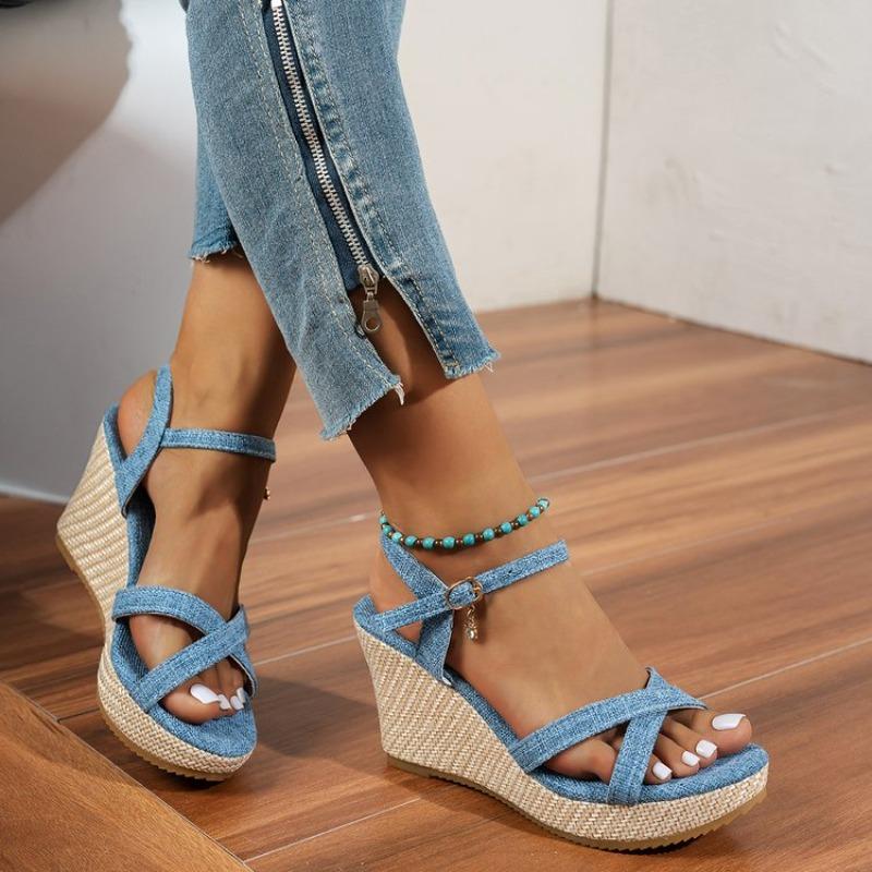 Fashion Summer Slope Heel Buckle Open Toe Wedge Ultra High Heel Women's Sandals 2025Fashion One Line Buckle Sandals Women Shoes  Heels