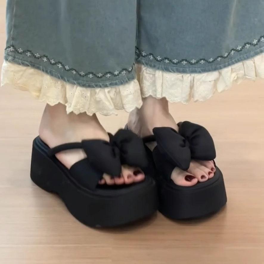 French black platform heightening sandals female 2025 summer new gentle fairy wind bow word slippers