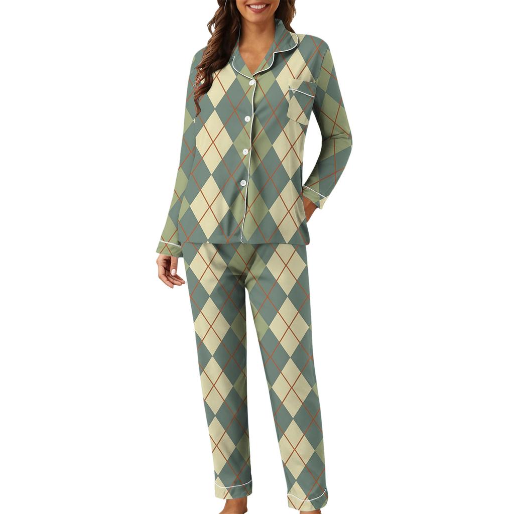 Women's Casual Fashion Plaid Patchwork Print Long-Sleeved Trousers Homewear Set