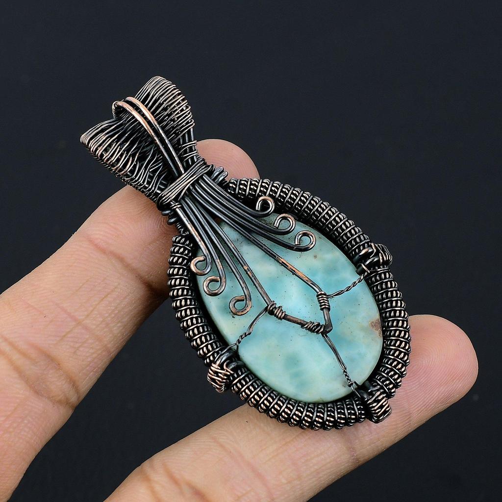 Larimar Pendant Gemstone Jewelry, 999 Copper Wire Wrapped Pendant, Handmade Jewelry Birthstone Pendant, Gift For Him