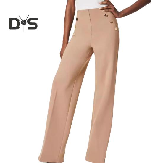 Women Pants Elastic High Waist Straight Wide Leg Pants with Pockets Buttons Decor Solid Color Slim-Fitting Tummy Control Work Trousers