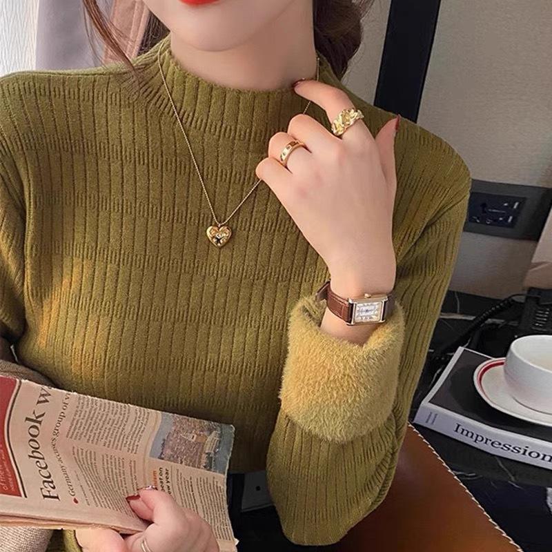 

Женский осенне-зимний флисовый утепленный утолщенный свитер с полувысоким воротником, вязаный, с длинным рукавом, базовый слой, из интегрированной флисовой ткани One Size оливковое зеленый