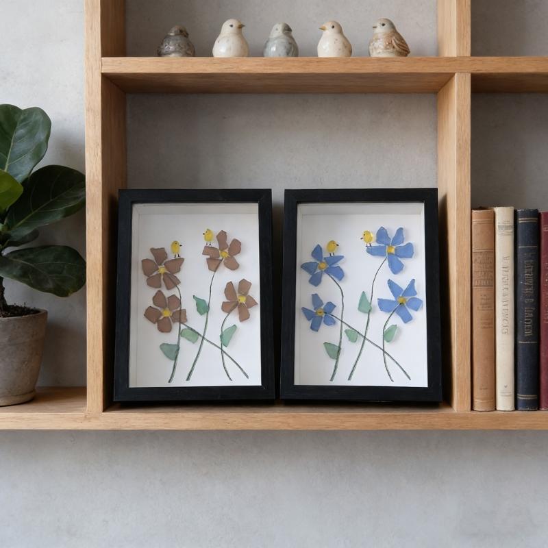 Handmade Sea Glass Art Frame Table Decors Forget Me Not Flower Birds Sea Glass Table Art Decors Gift for Friend