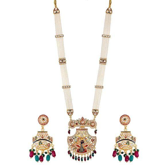 01 Jewellery Set Gold Plated Long Necklace Hyderabadi Design Pearl Peacock Necklace Set With Earring Jewellery For Women & Girls