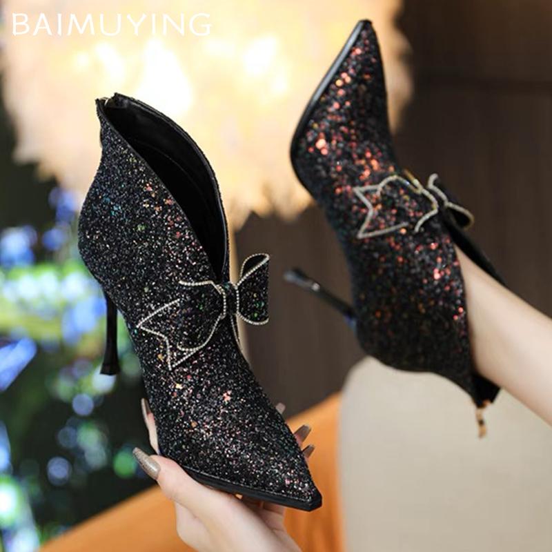 Bow Bling Women Ankle Boots Pointed Toe High Heels Elegant Shoes 2025 Trend Winter Fad Dress Pumps Designer Goth Botas De Mujer