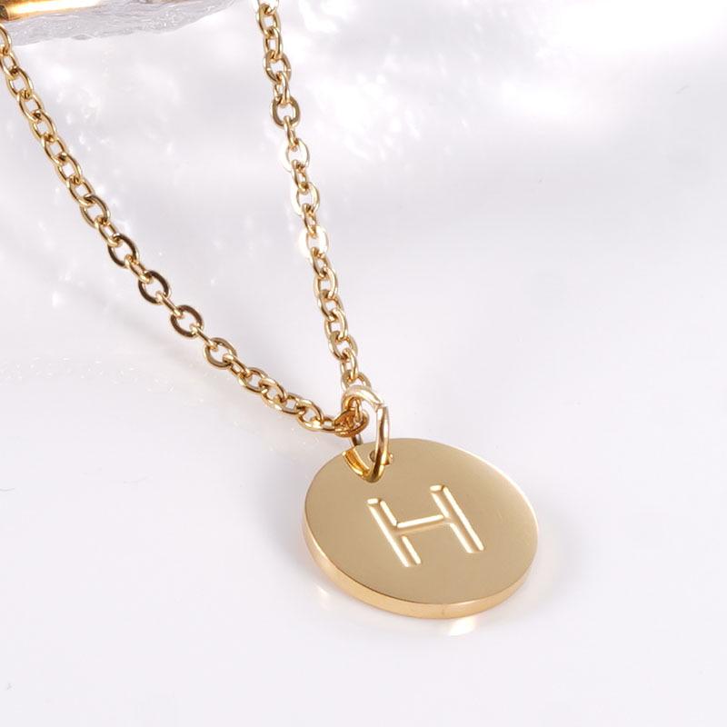 18K Gold Stainless Steel Minimalist Letter Necklace with 26 Round Pendant Options