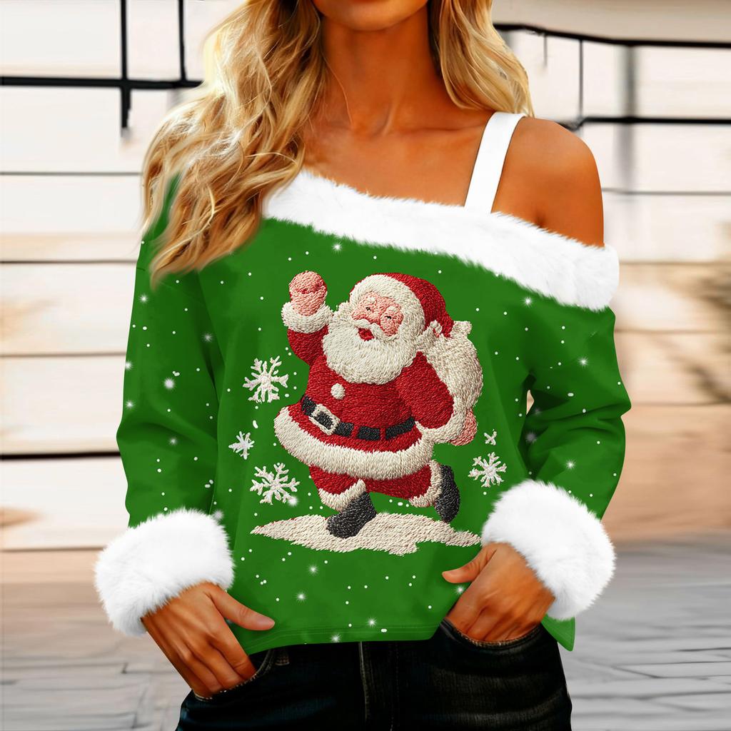 Dámská ležérní móda Sexy top s odhalenými rameny a vánočním vzorem, s dlouhým rukávem a kulatým výstřihem