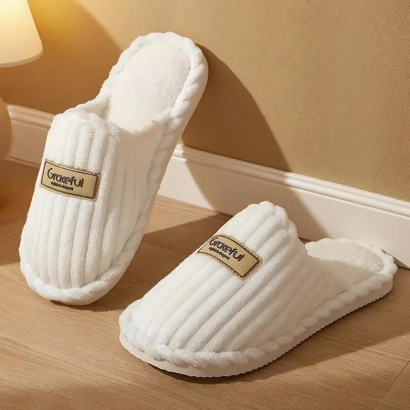 Cozy & Elegant Women's & Men's Winter Slippers • Plush Soft Lining & Thickened EVA Sole • Slip-On House Shoes with Golden Strap Design (/White)