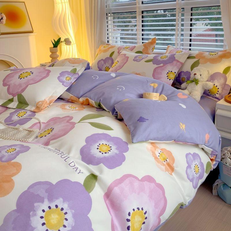 Thickened Pure Abraded Four-piece Set, Single Double Skin-friendly Twill Bed Sheet, Quilt Cover, Dormitory Three-piece Set, Bedding