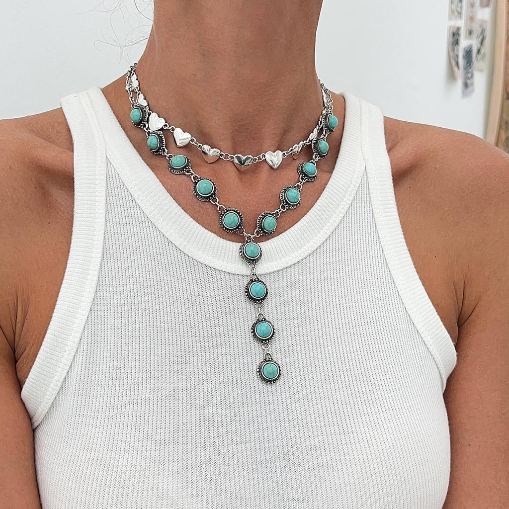 Ethnic Style Imitation Turquoise Cross Beaded Necklace, Retro Love Bow Pendant Collarbone Chain