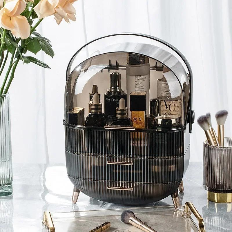 Stolní organizéry na make-up s víkem Velkokapacitní kosmetický úložný box Zásuvka pro péči o pleť Odolný proti prachu Držák štětců na make-up