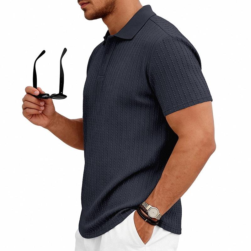 Mens Summer Textured Short Sleeve Polo Shirt Business Casual Solid Lapel Top