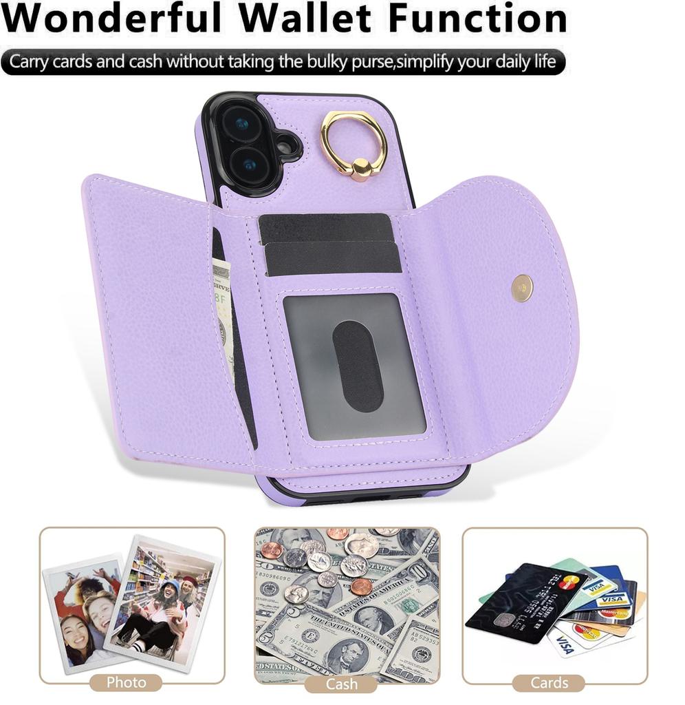 For iPhone 16 Case RFID Blocking Wallet Kickstand Leather+TPU Phone Cover