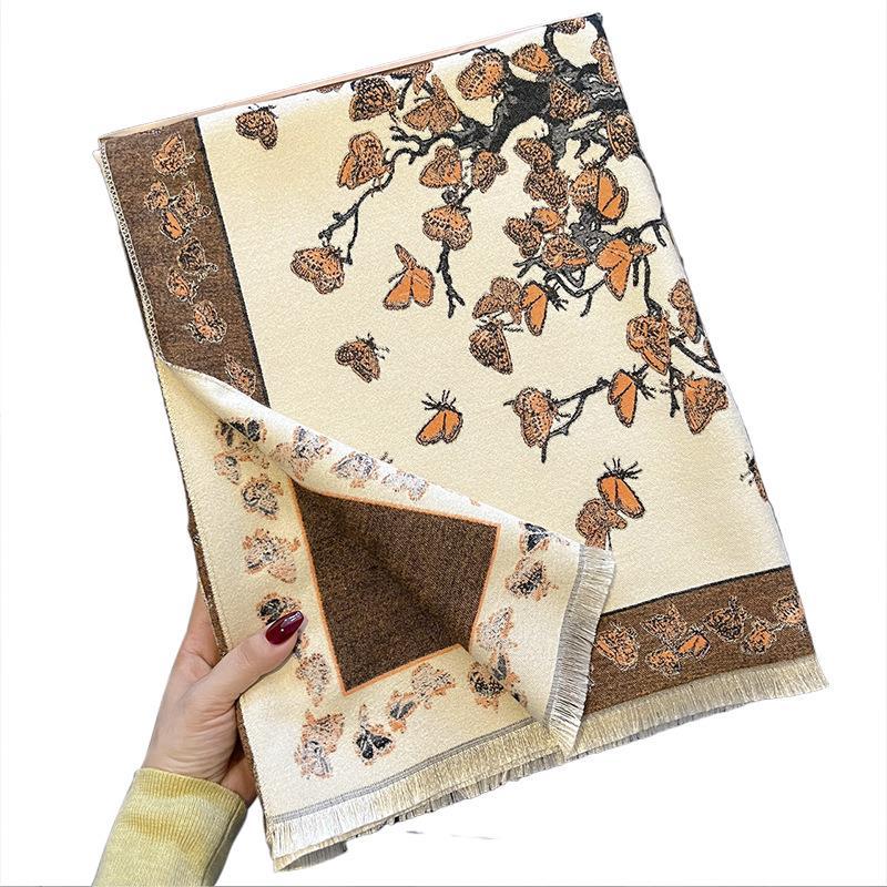 Autumn and Winter New Korean Style All Match Imitation Cashmere Scarf for Women with Butterfly Flying Print Thickened Warm Shawl and Scarf