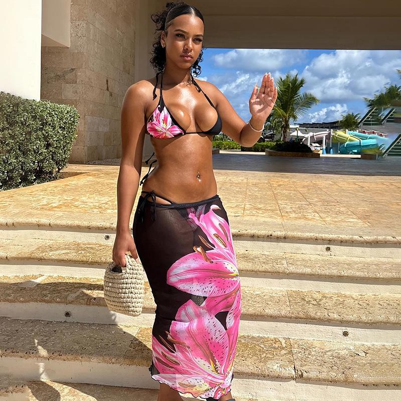 Summer 2025 European & American Print Lace-up Bikini Swimsuit Three-Piece Set