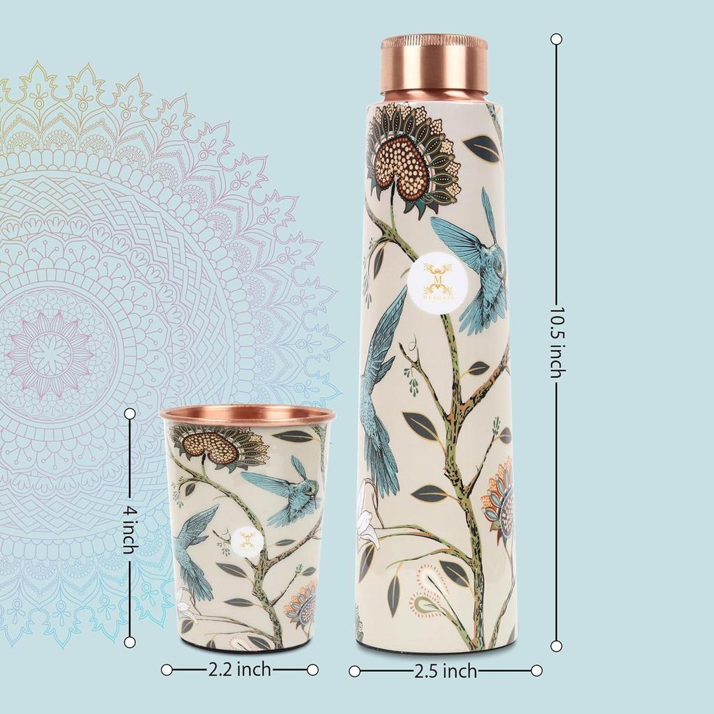 Láhev na vodu z čisté mědi 900 ml se skleněnou sadou Best Tamba v tištěném designu (900 ml 2x 300 ml)