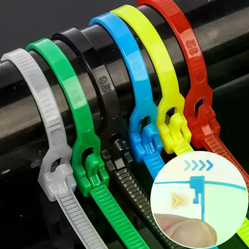 100 Stück abnehmbare Kabelbinder, farbige Kunststoffe, wiederverwendbare Kabelbinder, Nylon-Schlaufenwickel, Reißverschluss, T-Typ-Kabelbinder, Drahtverband