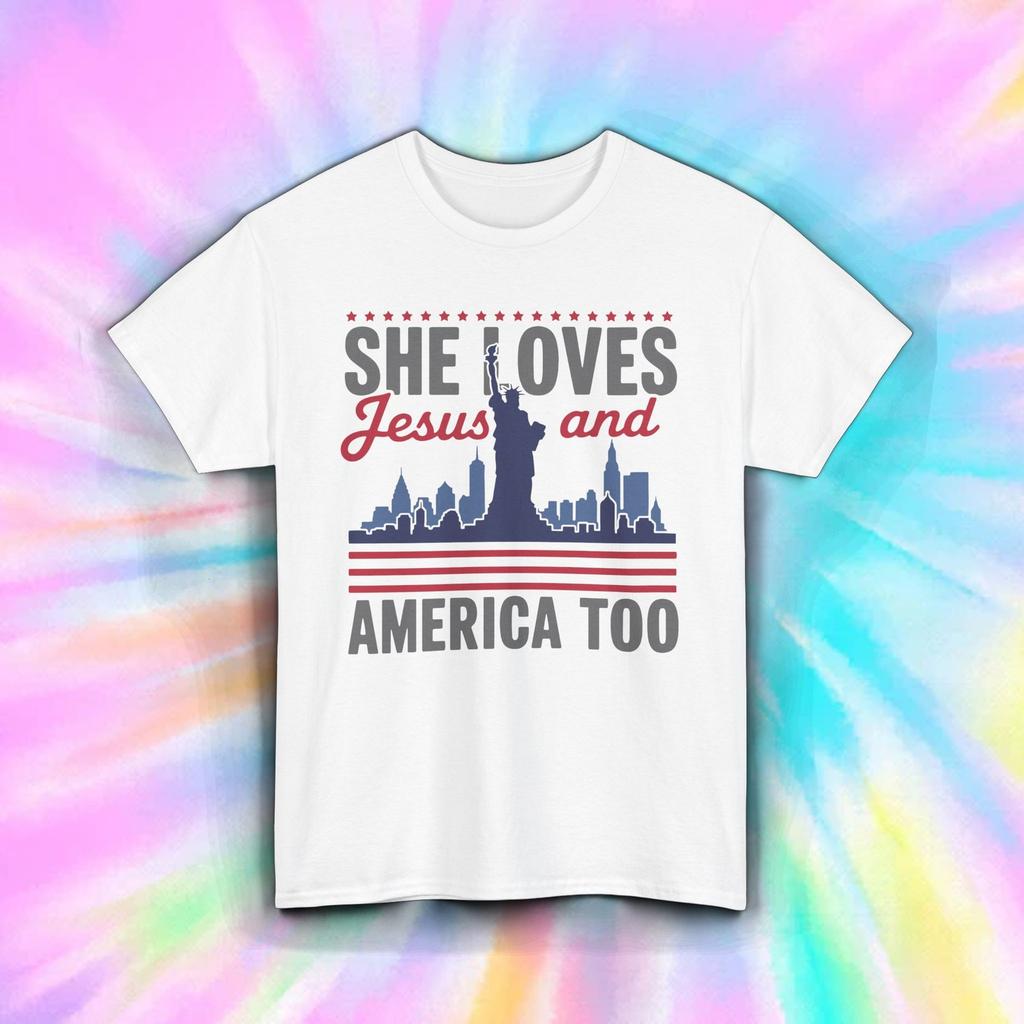 She Loves Jesus and America Too Shirt Christian USA Patriotic Faith Tee S-5XL