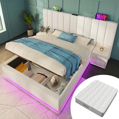 Gestoffeerd Bed 180×200, Opbergbed met App-bediening LED en USB-C Laadfunctie, Lattenbodem, PU, Wit, Zonder Nachtkastje (Met matras)