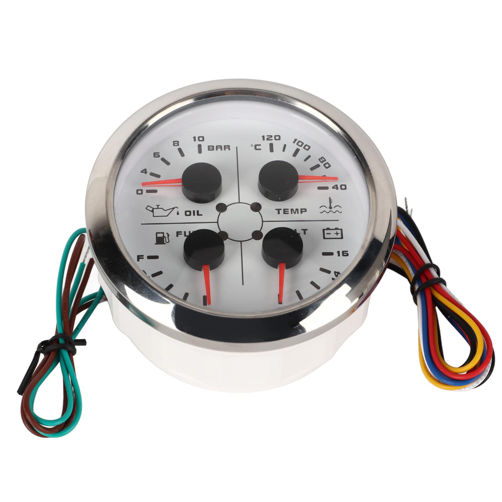 

4in1 85mm Guage Multifunction Fuel Level Oil Pressure Water Temp Volt Meter DC 9‑32V for Car RV Boat Motorcycle White