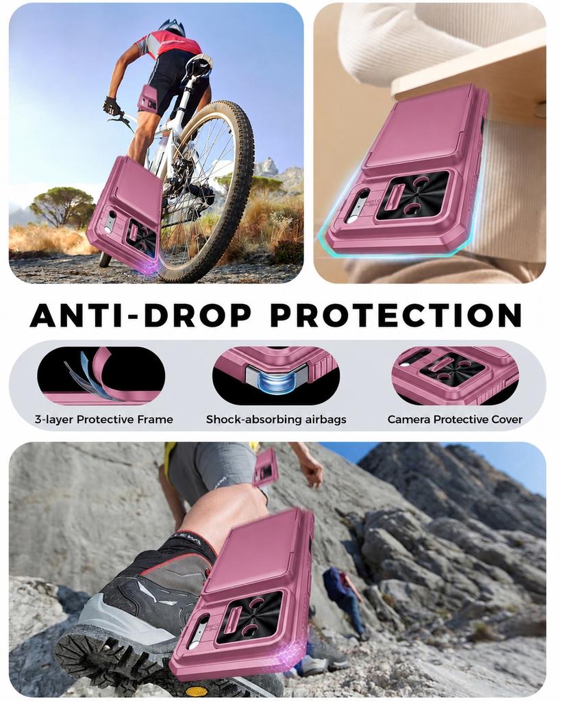 Shockproof Protective Wallet Case with Card Holder, Kickstand and Sliding Camera Cover for iPhone 17 Pro-Pink