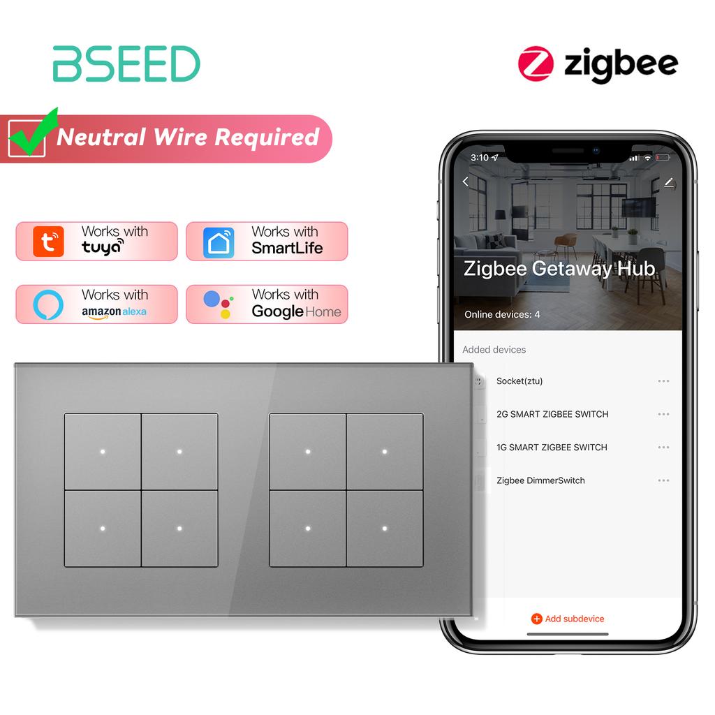 BSEED ZigBee Click Switches Series Wall Smart Click Light Switches Yellow Backlight Glass Frame Tuya APP Switch EU Standard