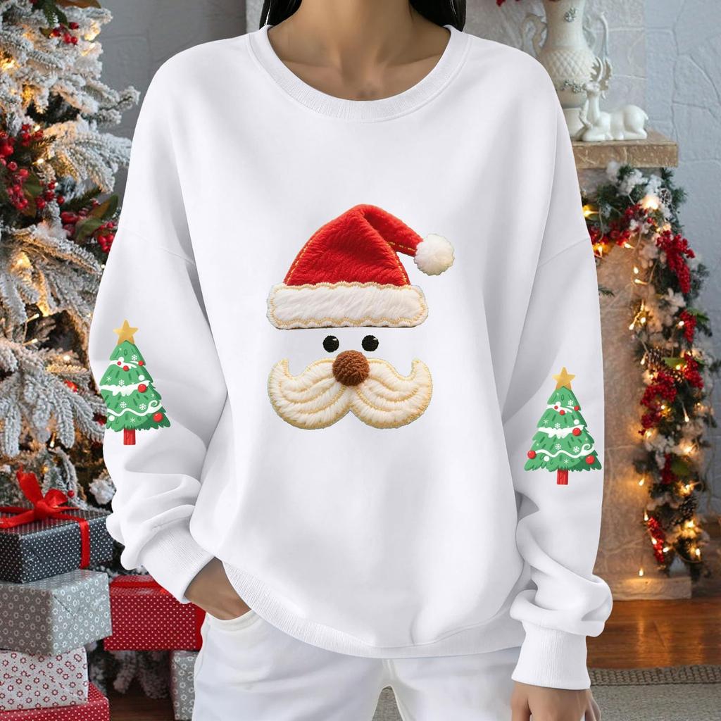 Ladies' Casual And Fashionable Round Neck Top With Christmas Print Hooded T-shirt Long Sleeved Sweatshirt