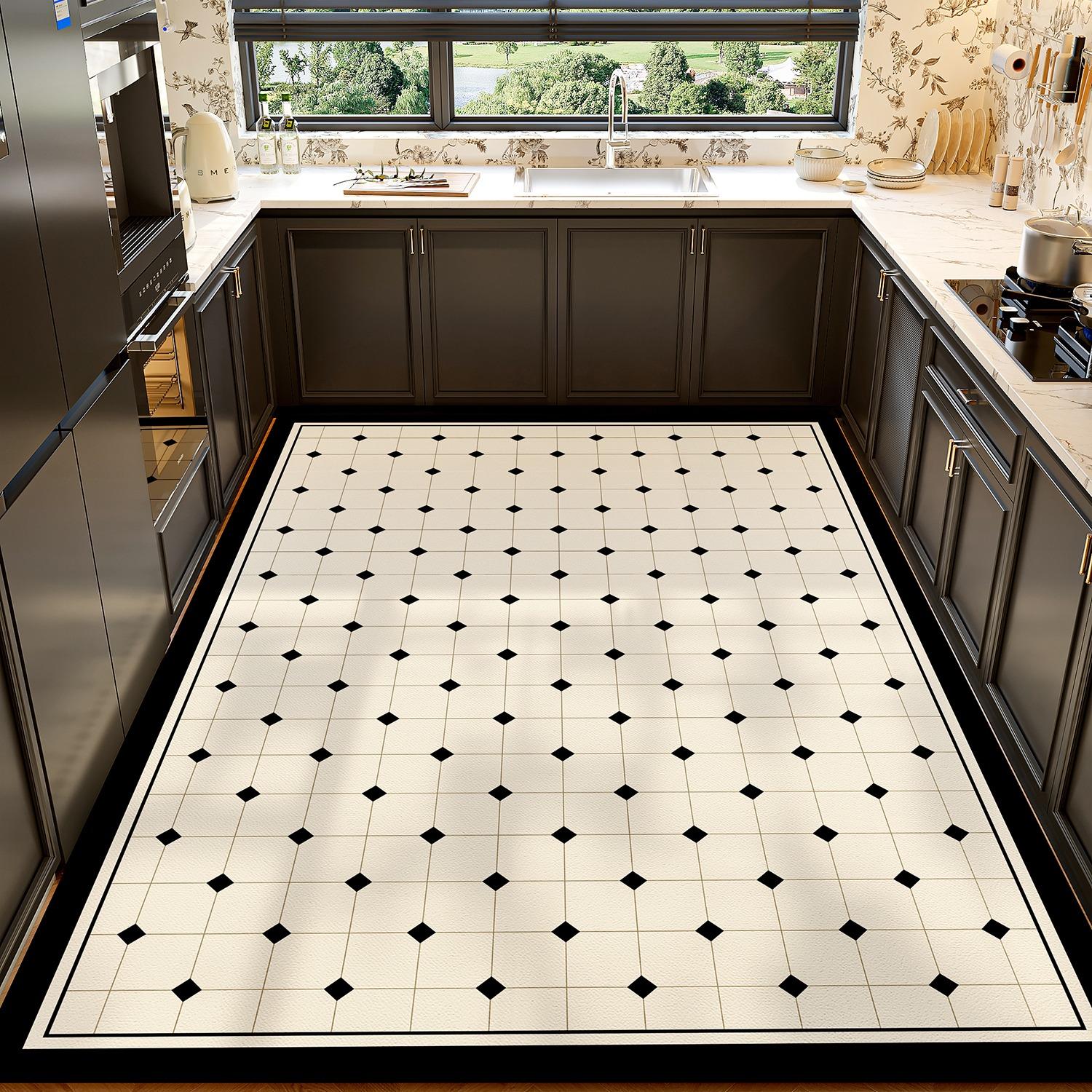 

Kitchen Floor Mat Black White Diamond Grid Pattern Pvc Leather Non-slip Carpet Waterproof Oil-proof Large Area Home Decor Rug 160*230cm