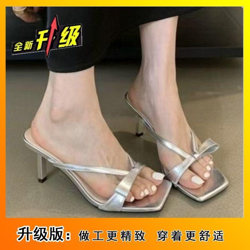 One-word stiletto square-headed fairy wind open-toed cool slippers 2025 new fashion French bow high-heeled slippers