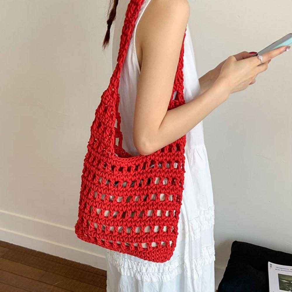 Sweet Korean Style Hollow Out Knitted Weave Bag Solid Color Vacation Style Crochet Tote Bag Handbag Braided Beach Bag Outdoor
