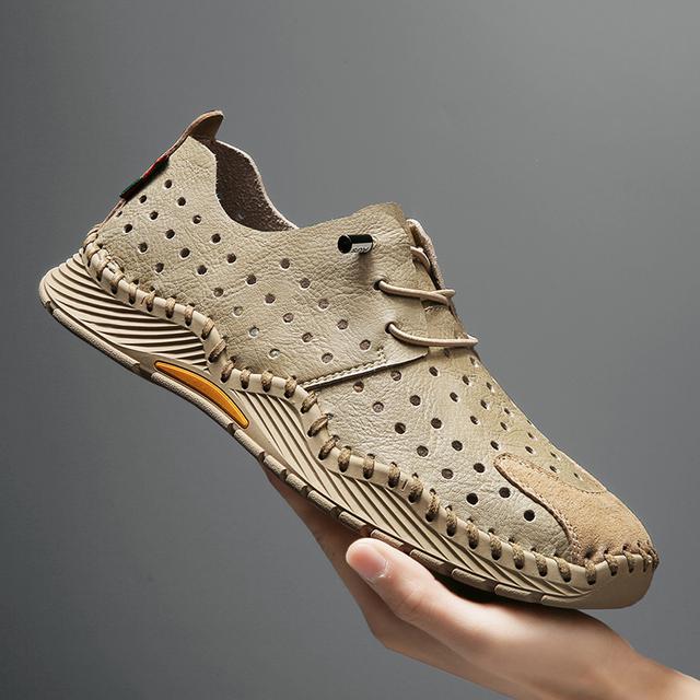 

Кожаная повседневная мужская обувь высокого качества, дышащие прогулочные кроссовки для мужчин, летние лоферы ручной работы, мягкая обувь для вождения 44 песочный