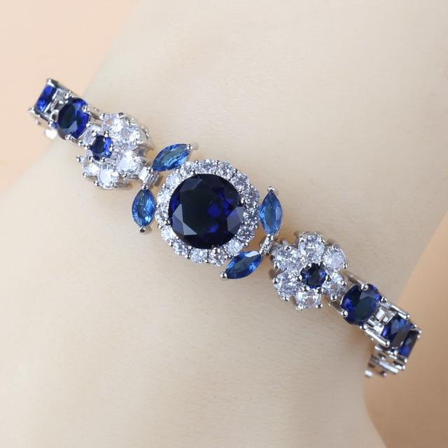 925 Sterling Silver Charm Bracelet Bangle Blue Cubic Zirconia 6-Colors Wedding Jewelry Adjustable Length 18+3CM