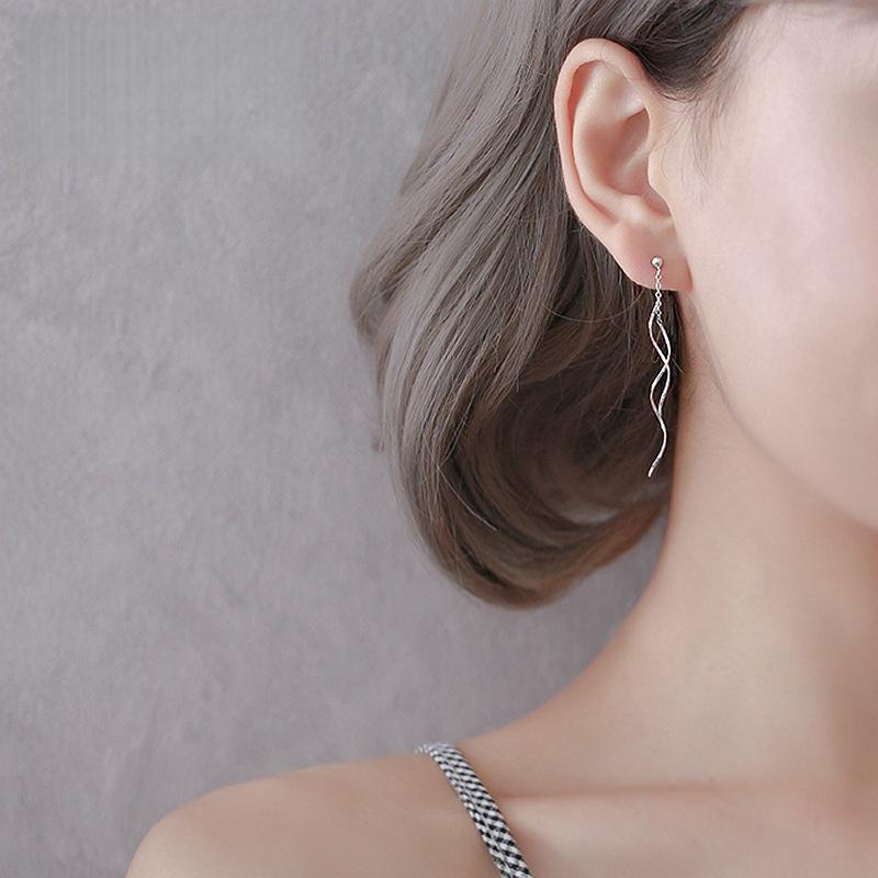 S925 Sterling Silver Twist Wave Linear Earrings, 925 Silver Long Dangle Earrings, Lightweight Party Jewelry for Girls