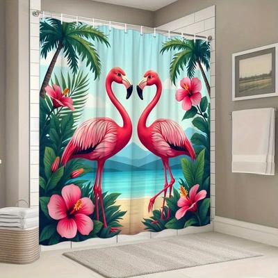 1 st Tropisk Flamingo Duschdraperi - Hibiskusblommor, 180x180 cm, Polyester, 12 Krokar, Tvättbar & Kemtvättsäker