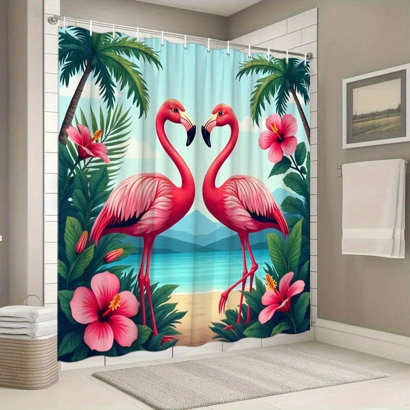 1pc Tropical Flamingo Shower Curtain - Hibiscus Flowers, 70.8x70.8", Polyester, 12 Hooks, Washable & Dry Clean Safe