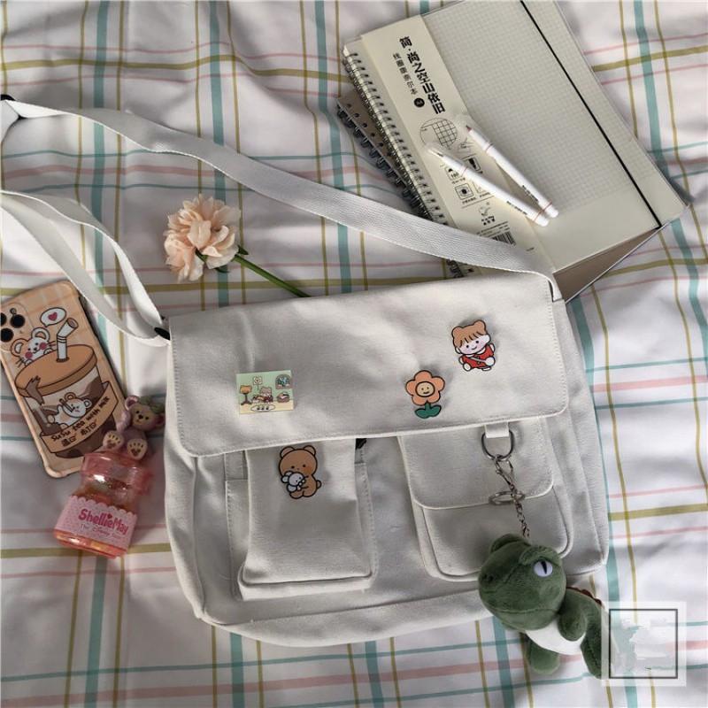 Japanese Harajuku Cute Retro Girl Shoulder Bag Chic Badge Canvas Crossbody School Bags Student Solid Color Messenger Bag Satchel