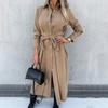 Women's Cotton Button Down Maxi Long Sleeve Lapel Collared Long Dress Lace Up Waist Ladies Robes