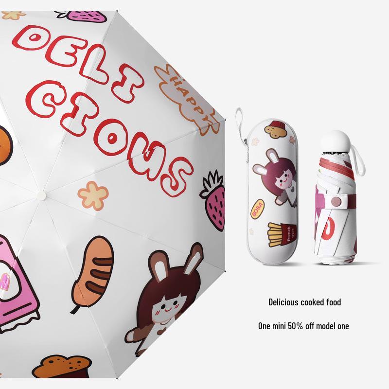 Cartoon Mini Sun & Rain Five-Fold Umbrella for Women - Portable, Sunscreen, and Dual-Use