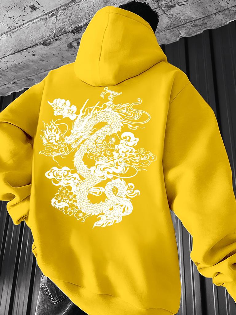 Oriental Auspicious Dragon Totem Vintage Line Drawing Men Hip Hop Sports Hoodie Long Sleeve Loose Athletic Pullover