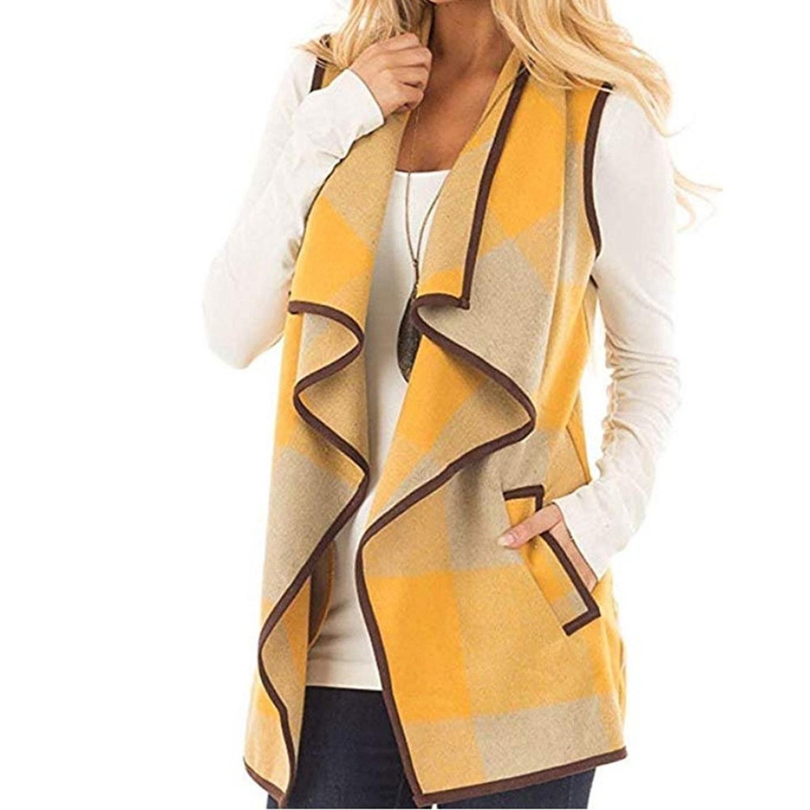 

Womens Vest Plaid Sleeveless Pockets Lapel Open Front Cardigan Jacket L жовтий