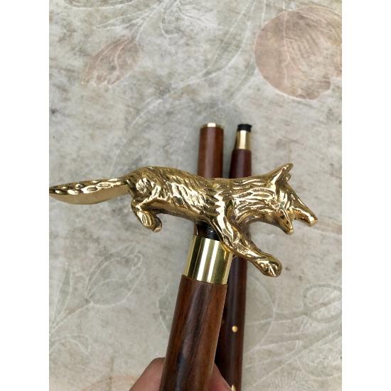 Vintage Fox Tasarım Baston Ahşap Baston Pirinç Kolu Topuzu Hediye