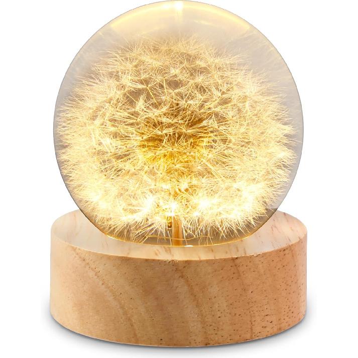 Crystal Dandelion Ball Night Light with Wooden Base USB Powered Dandelion Crystal Ball Night Lamp Fancy 3D LED Night Light Portable Night Lamp