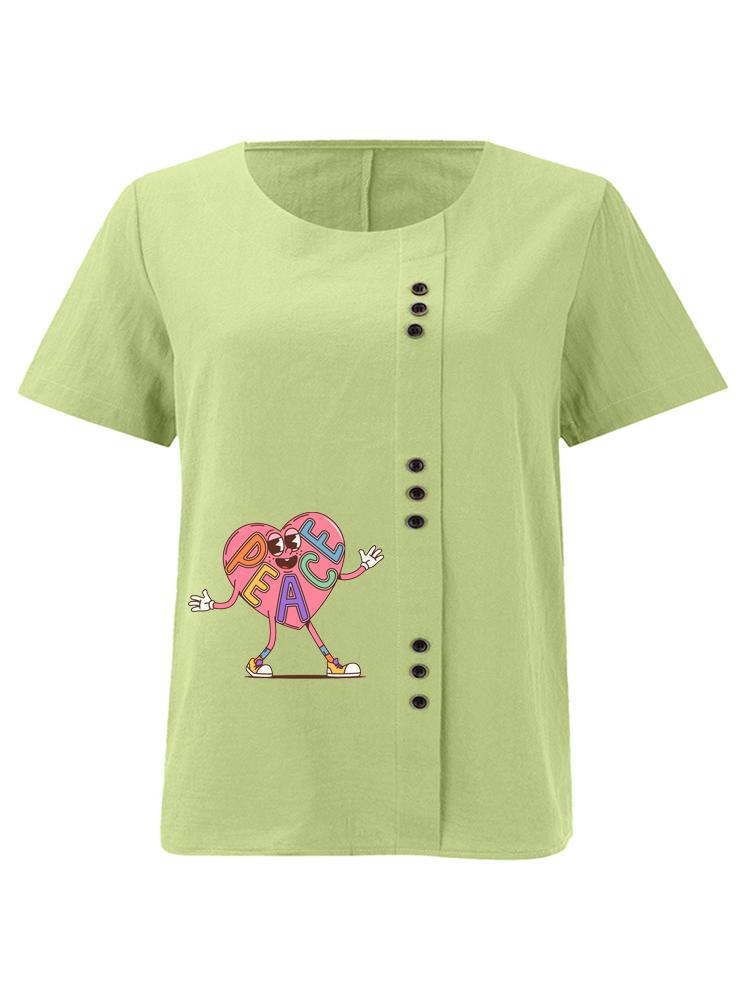 

Women s Fashion Humanoid Heart Shape Print Round Neck Short Sleeve T-shirt Casual Cotton Linen Graphic Shirt Leisure Loose Summer Blouse Tops 5XL зелений