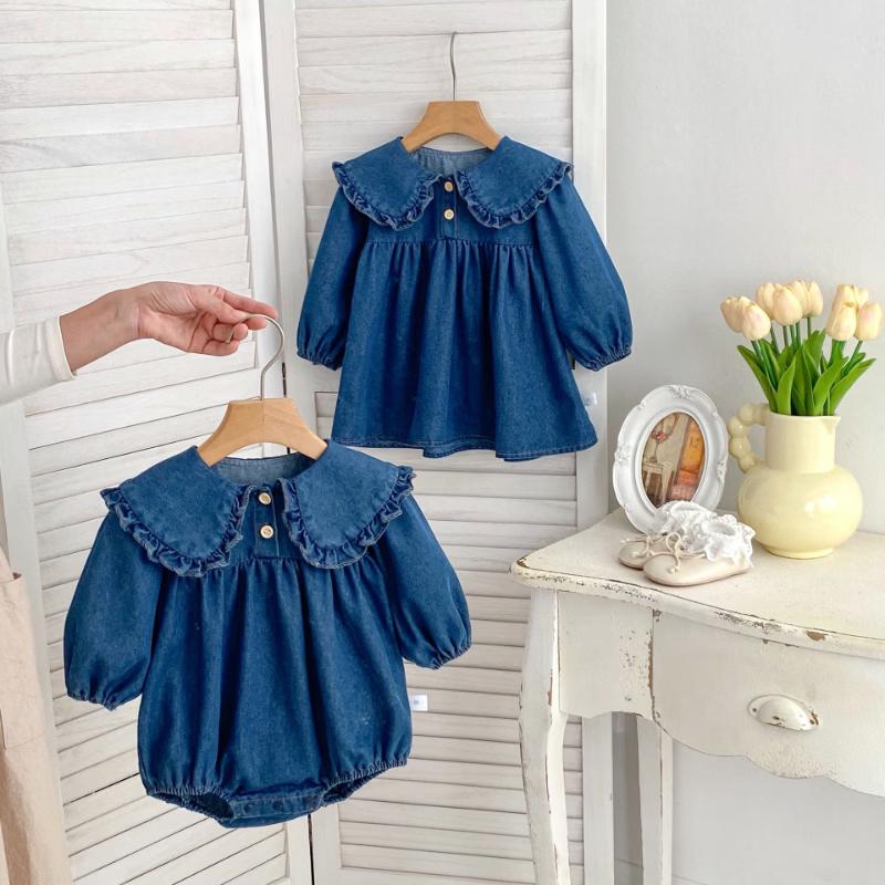 Kayoudo Girls' Denim Ruffle Collar Romper & Dress