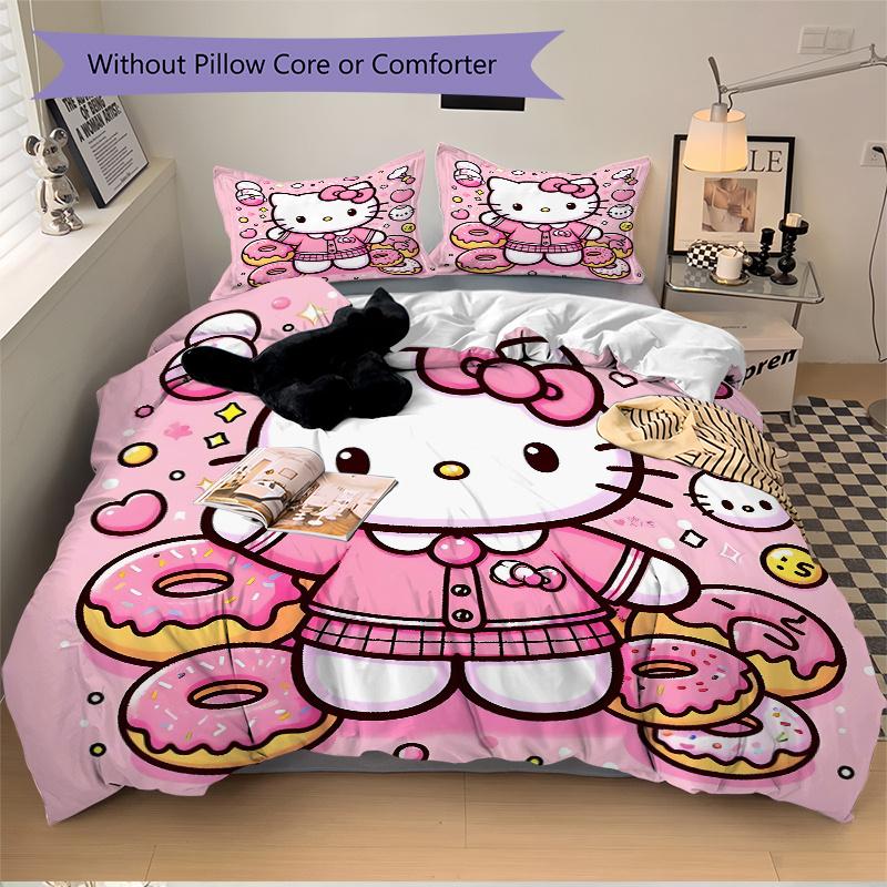3pcs Dessert cartoon Kitty Printed Bedding Set, Soft and Comfortable Quilt Cover for Bedroom, Guest Room ( Not Included).H019