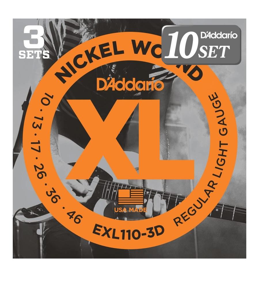 Electric Guitar Regular x 10 sets D'Addario Strings, Nickel, Light, .010-.046, EXL110-3D, 3-pack